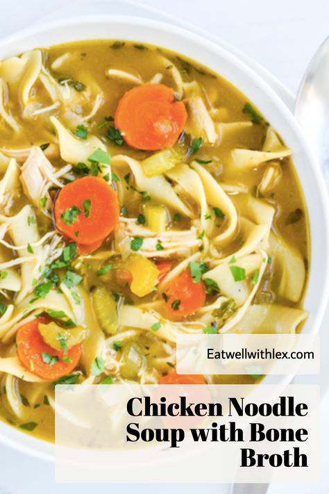 Looking for a heart-warming soup recipe that's good for you? Check out our Homemade Chicken Noodle Soup with Bone Broth! This anti-inflammation powerhouse combines chicken, veggies, and the magic of bone broth for the ultimate health boost. Soup With Bone Broth, Bone Broth Soup Recipes, Healthy Chicken Soup, Homemade Broth, Bone Broth Soup, Homemade Egg Noodles, Homemade Bone Broth, Homemade Chicken Noodle, Bone Broth Recipe