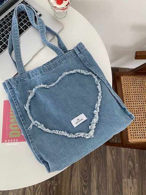 Tang Heart Patch Tote Bag #jeansbagdiyideas #jeansbagdiyeasy #jeansbagdiypattern Patch Tote Bag, Canvas Bag Diy, Stylish Leather Bags, Denim Bag Diy, Handmade Fabric Bags, Denim Shoulder Bag, My Style Bags, Heart Patch, Diy Bag Designs