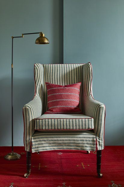 Striped Chair, Red Cushions, Take A Seat, Furniture Fabric, Slipcovered Sofa, Chair Fabric, Sofas And Chairs, Soft Furnishings, Decor Inspiration