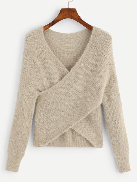 Criss Cross Solid Jumper -SheIn(Sheinside) Cross Sweater, Latest Sweater, Solid Sweaters, Khaki Fashion, Women Sweaters, Cute Winter Outfits, Women's Casual Style, Style Cardigan, Casual Tops For Women