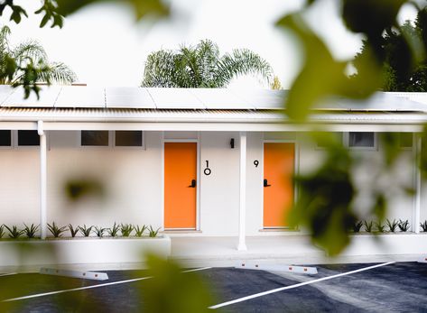 Motel Remodel Ideas, Motel Entrance Design, Motel Design, Motel Design Concept, Motel Renovation, Motel Makeover June, Beach Motel, Retro Motel Exterior, Lodge Aesthetic