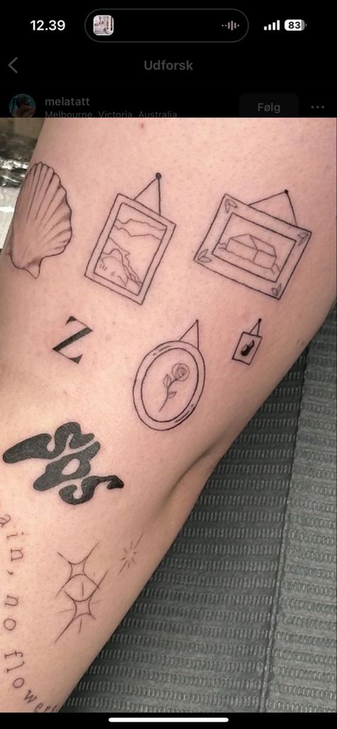 Picture Frame Tattoo Simple, Oval Stamp Tattoo, Picture Frames Tattoo, Colombia Inspired Tattoo, Shop Minimum Tattoo Ideas, Stamp Tattoo Sleeve, Gallery Wall Tattoo, Mailbox Tattoo, Photo Frame Tattoo