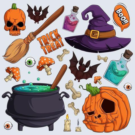 Cauldron Pumpkin, Halloween Witch Art, Clip Art Halloween, Halloween Clip Art, Halloween Doodles, Halloween Illustrations, Cat Template, Halloween Elements, Halloween Decals