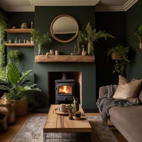 22 Green Living Room Decor Ideas » Lady Decluttered Oak Beam Fireplace, Beam Fireplace, Log Burner Living Room, Wooden Beam, Oak Mantel, Mantel Fireplace, Fireplace Beam, Oak Fireplace, Furnitur Ruang Keluarga