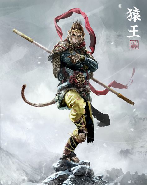 ArtStation - The Monkey King, David Benzal Sun Wu Kong, Son Wukong, Wu Kong, Monkey Tattoos, The Monkey King, King Tattoos, Pencak Silat, Monkey Art, Chinese Mythology