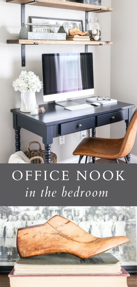 A beautiful and functional office nook in the guest bedroom. A great way to maximize space when you don’t have an extra room for office needs! Guest Bedroom Slash Office, Guest Room Office Target, Home Office Nook Master Bedrooms, Box Room Office Guest Room, Office In Master Room, Desk In Bedroom Master Home Office, Desk In Master Room, Office Nook In Bedroom, Small Guest Bedroom/office