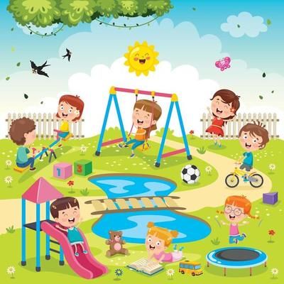 Children Playing Drawing, Cartoon Park, Playground Pictures, Picture Story For Kids, Playing At The Park, Picture Comprehension, Abc Chart, Cartoon Garden, Kindergarten Art Lessons