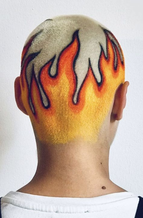 Shaved Head Designs, Flame Hair, Hair Colour Design, Dyed Hair Men, Shaved Hair Designs, Buzzed Hair, Fire Hair, Men Hair Color, Bald Hair