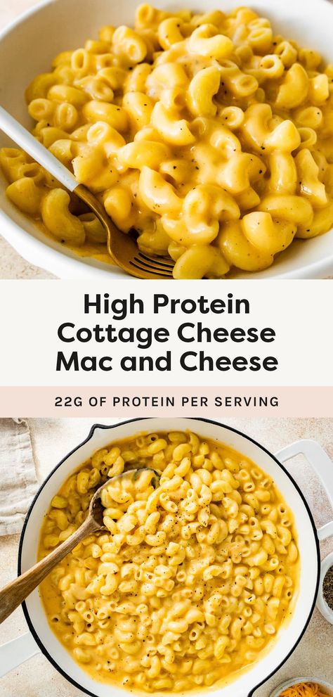 This cottage cheese mac and cheese cooks up in under 30 minutes and is packed with 22 grams of protein. It's rich, creamy and the perfect family-friendly meal for busy weeknights. Healthy Lunch Recipes Protein, Protein Macaroni And Cheese, Easy College Meals Healthy Microwave Recipes, Whole 30 Mac And Cheese, Crockpot Protein Mac And Cheese, Cottage Mac And Cheese, Cottage Cheese Based Sauce, Cottage Cheese And Pasta Recipes, Quick Macro Friendly Lunch