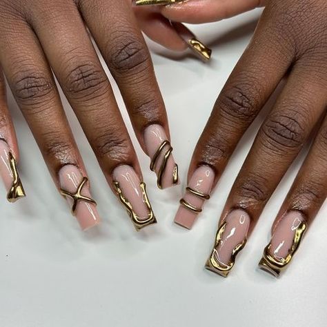 Licensed Nail Technician🫶🏾 (@_.nailsbynya) • Instagram photos and videos Short Gold Chrome Nails, 3d Chrome Nail Art, Gold 3d Nails, Nude And Gold Nail Designs, 3d Nails Design, 3d Chrome, 3d Nail Designs, 2023 Love, Chrome Nail Art