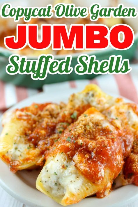 Olive Garden Stuffed Shells, Jumbo Stuffed Shells, Jumbo Shell Recipes, Shell Pasta Recipes, Copycat Olive Garden, Stuffed Shells Ricotta, Olive Garden Recipes, Stuffed Shells Recipe, Stuffed Pasta Shells