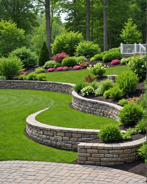 20 Beautiful Ways To Add a Retaining Wall To Your Sloped Yard – ToolzView Front Yard Bed Ideas, Front Yard Landscaping Sloped Yard, Landscaping On A Small Slope, Landscape On Sloped Yard, Retaining Walls With Steps, Front Hill Landscaping Sloped Yard, Landscape Ideas Hillside, Tall Retaining Wall Ideas Hillside, Retaining Wall Backyard Ideas