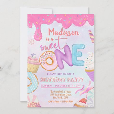 Candyland Invitations, Donut Birthday Party Invitations, Candy Theme Birthday Party, Baby Birthday Invitations, Birthday Donuts, 1st Birthday Girl, Pink Donut, Cupcake Birthday, Candyland Birthday