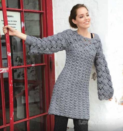 Crochet Tunic with Wide Sleeves — Craftorator. Tunic Dress Pattern Free, Long Sleeve Crochet Dress, Crochet Tunic Dress, Tunic Dress Patterns, Crochet Tunic Pattern, Crochet Cardigan Pattern Free, Crochet Knit Dress, Lion Brand Wool Ease, Dress Patterns Free