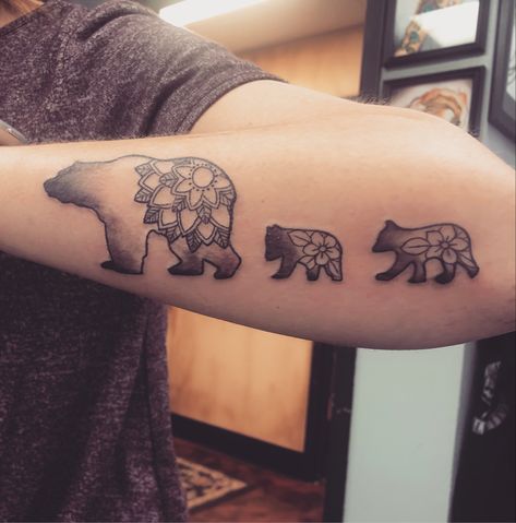 #darksidetattoo #erinwalsh #grandforks #northdakota Flower Bear Tattoo, Mama Bear Tattoos Feminine, Twin Mom Tattoo Ideas, Mama Bear Tattoo Ideas For Women, Mother Bear Tattoo, Mom Bear Tattoo, Bear Tattoos Feminine, Momma Bear Tattoo, Mama Bear Tattoo