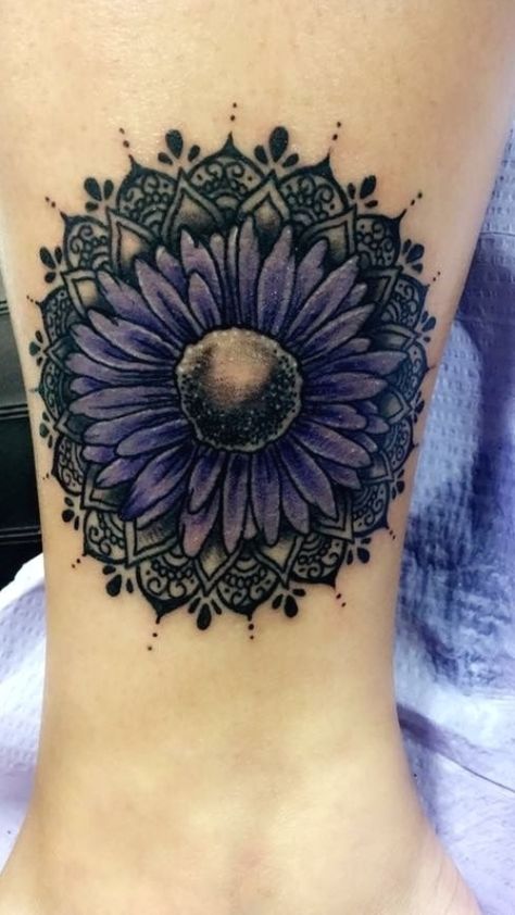 Purple Sunflower Mandala Tattoo in 2020 | Sunflower ... #tattooideas #sunflowertattoos Purple Sunflower Tattoo, Amethyst Tattoo Ideas, Sunflower Mandala Tattoo, Tattoo Sunflower, Tattoo Perna, Purple Sunflower, Pretty Flower Tattoos, Sunflower Tattoo Sleeve, Purple Tattoos