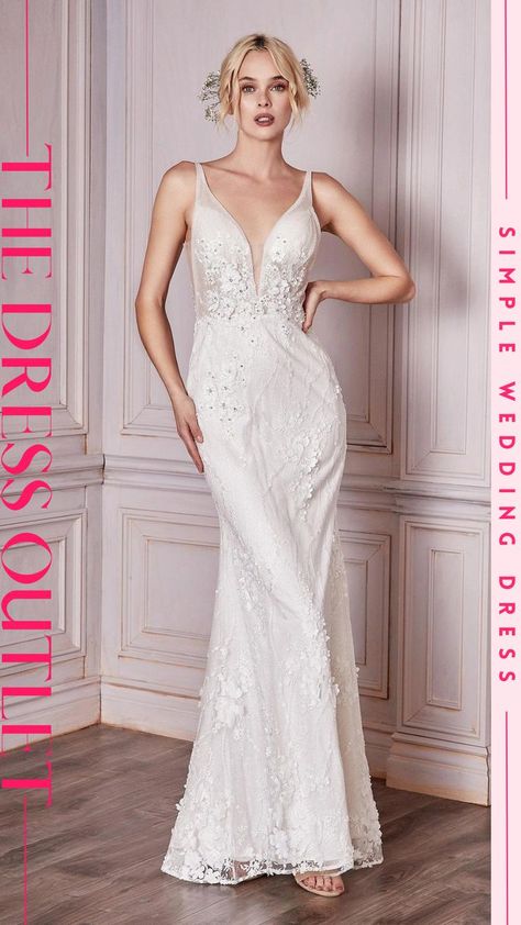 Look breathtaking in this floral applique long sleeveless fitted wedding dress. This beautiful gown features a sleeveless bodice with a sheer V-neckline, 3D floral appliqués, open back, zipper closure, and a full-length fitted skirt that ends in a sweep train. Ethereal Gown, Sweep Train Wedding Dress, White Bridal Gown, Semi Formal Wedding, Cinderella Divine, Bridal Gowns Mermaid, Applique Wedding, Sleeveless Gown, Fitted Wedding Dress