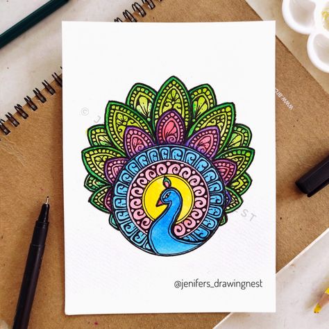 Peacock Doodle Art Easy, Colourful Zentangle Art Beginners, Colouring Mandala Art, Peacock Mandala Art Colorful, Mandala Art With Colour Pens, Madhubani Painting For Beginners, Color Pen Art Drawings, Peacock Doodle Art, Peacock Mandala Art Easy