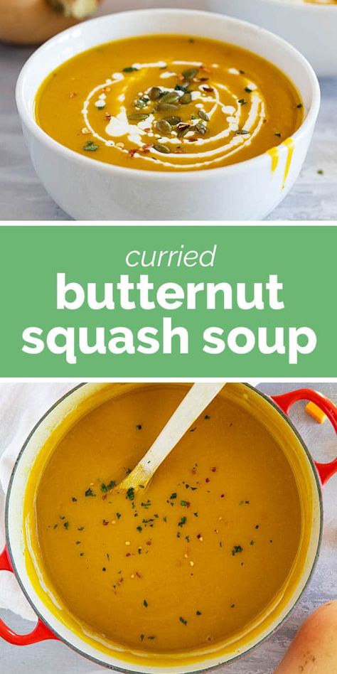 Smooth and creamy with a hint of curry, this Curried Butternut Squash Soup is a comforting cold weather favorite. Both sweet and spicy, this is the kind of soup you want on a cold night! Spicy Butternut Squash Soup, Curried Squash Soup, Curried Butternut Squash, Harvest Food, Butternut Squash Curry, Curried Butternut Squash Soup, Butternut Soup, Coconut Milk Soup, Butternut Squash Recipes Soup