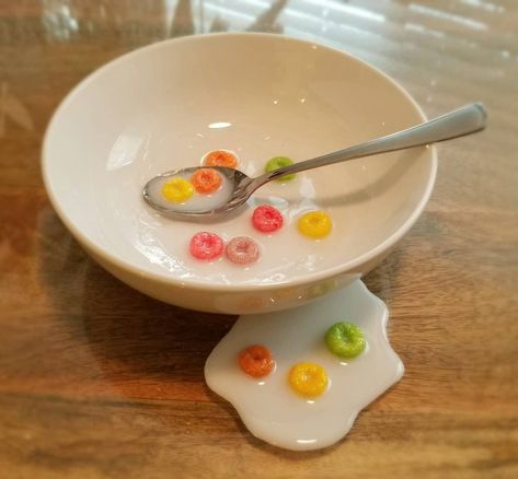 Fake Bowl of Cereal with Spilled Milk and Cereal. Ceramic bowl. This is all one piece. Fake Cereal Bowl, Milk And Cereal, Spilled Milk, Food Sculpture, Clay Magnets, Bowl Of Cereal, Beer Theme, Pottery Painting Designs, Clay Bowl