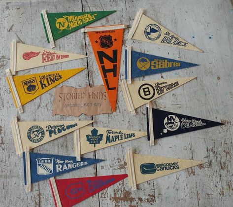 Vintage Hockey Decor, Vintage Sports Aesthetic, Team Pennants, Hockey Room Decor, Vintage Pennants, Hockey Decor, Hockey Room, Minnesota North Stars, Vintage Hockey