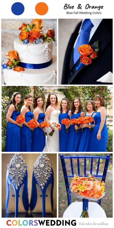 Colors Wedding | Top 8 Blue Fall Wedding Color Palettes Blue Dress Orange Accessories, Royal Blue And Orange Wedding, Wedding Blue Bridesmaid Dresses, Blue Color Palette Wedding, Blue And Orange Wedding, Blue Orange Weddings, October Weddings, Blue Fall Wedding, Royal Blue Wedding Theme