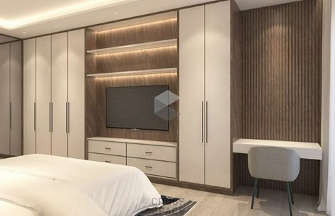 Built In Wardrobe And Tv Unit, Wall Closet With Tv, Wardrobe With Tv Unit, Tv Closet, Guess Bedroom, Bedroom Inspiration Grey, Bedroom Interior Design Modern, Wall Wardrobe Design, Bedroom Wall Units