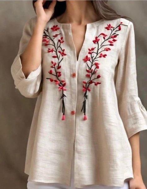 Cotton Tops Designs, Linen Style Fashion, Hand Embroidery Dress, Kurti Embroidery Design, Kurta Neck Design, Garden Design Ideas, Pola Sulam, Kurti Designs Party Wear, Kurta Designs Women