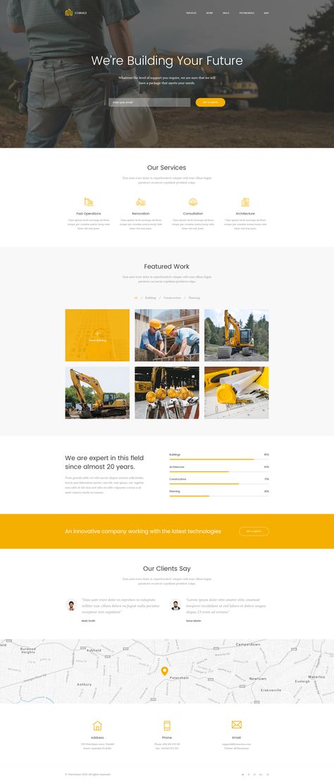 Cobuild - Construction Landing Page PSD Template Preview - ThemeForest Construction Landing Page, Construction Website Templates, Ui Design Mobile, Landing Page Inspiration, Health Clinic, One Page Website, Construction Business, Construction Logo, Website Design Layout