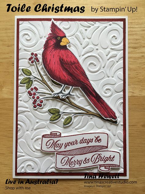 An easy Christmas card using the Toile Christmas stamp set and Christmas Cardinal dies from Stampin' Up's 2019 Holiday catalogue. Cardinal Christmas Cards, Toile Christmas, Christmas Cards 2018, Cardinal Christmas, Stamped Christmas Cards, Christmas Cardinals, Homemade Christmas Cards, Stampin Up Christmas Cards, Christmas Bird