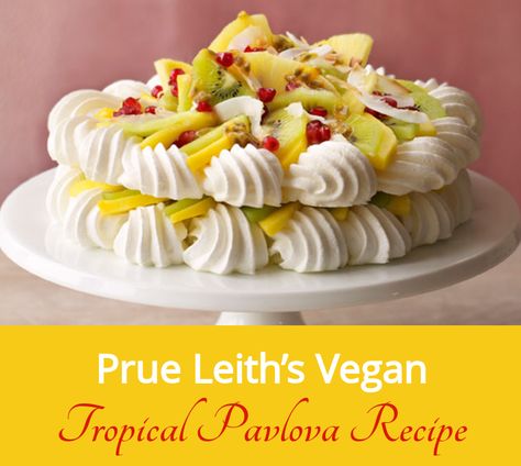 The notion of a vegan meringue can be quite daunting, but with the water from a can or two of chickpeas (known as aquafaba), which behaves just like egg white when whisked, egg-free meringue is perfectly achievable. #pavlova #healthy #food #recipe #tropicalpavlova Vegan Pavlova Recipe, Gbbs Recipes, Vegan Pavlova, Aquafaba Meringue, Gbbo Recipes, British Baking Show Recipes, Vegan Meringue, Prue Leith, The Great British Bake Off