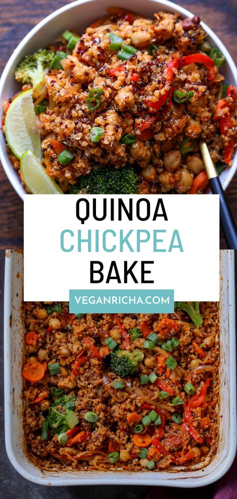 This fluffy quinoa casserole is packed with amazing Indian spices, toothsome chickpeas, and lots of veggies. 1 Pan 1 Step dump and bake. No need to stand around to saute anything! Gluten-free, soyfree, Nutfree Vegan Dinner Quinoa, Vegan Recipes With Quinoa, Quinoa Veggie Bake, Healthy Vegetarian Indian Recipes, Vegan Quinoa Casserole Recipes, Vegan Gluten Free Casserole, Quinoa Casserole Vegetarian, Quinoa Bake Recipes, Van Meals