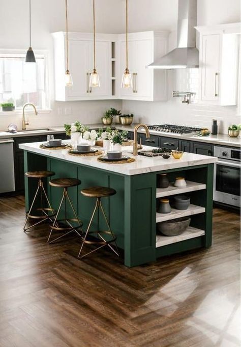 The Hated can make a change - Mansion Design - Wattpad Hiasan Dalaman Dapur, Dapur Moden, Model Dapur, Green Island, Houses Christmas, Kabinet Dapur, Interior Vintage, Classic Kitchen, Green Cabinets