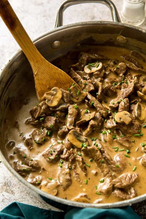 Beef Stroganoff - Rich, Creamy, Delicious! | Valerie's Kitchen Original Beef Stroganoff Recipe, Beef Poster, Classic Beef Stroganoff Recipe, Recipe For Beef Stroganoff, Stroganoff Beef, Best Beef Stroganoff, Beef Stroganoff Recipe, Cream Soup Recipes, Beef Stroganoff Easy