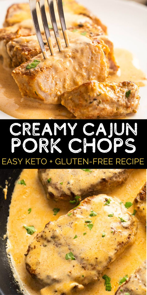 You'll love these Creamy Cajun Pork Chops when you need a quick, low-carb dinner! Get the juiciest, thick-cut pork chops with a deliciously flavorful sauce in this easy one-pan recipe. Pork Chops With Cream Sauce, Low Carb Meals Easy Dinners Pork, Crock Pot Keto Pork Chops, Meal Ideas With Pork Chops, Healthy Easy Dinner Low Carb, Keto Recipes Pork Chops, Keto Porkchops Dinner Ideas, Low Carb Crockpot Pork Chops, Creamy Cajun Pork Chops