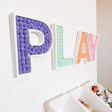 DIY PLAY Letters for Playroom | CraftCuts.com Easy Cheap Playroom Ideas, Play Letters Playroom, Small Playroom Decor, Diy Playroom Wall Decor, Playroom Inspiration For Kids, Play Sign For Playroom, Diy Kids Playroom, Diy Playroom Decor, Teen Playroom