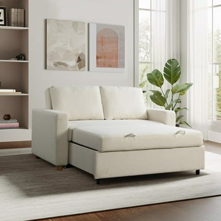 Make the most of your space with the Serta Tennyson Convertible Sofa. This multi-functional piece serves as a sofa, lounger, or bed depending on your needs. Its high-density foam cushions are packed with pocket coils that support you 24/7, and the backrest pillow provides extra comfort and convenience. The durability of the Tennysons wooden legs, solid hardwood frame, and soft ivory boucle fabric upholstery ensure that this convertible sofa is here to stay. Color: White. Sofa Bed Guest Room, Sofa Lounger, Convertible Couch, Velvet Sofa Bed, Convertible Sofa Bed, Sofa Review, Inspire Me Home Decor, Convertible Sofa, Boucle Fabric