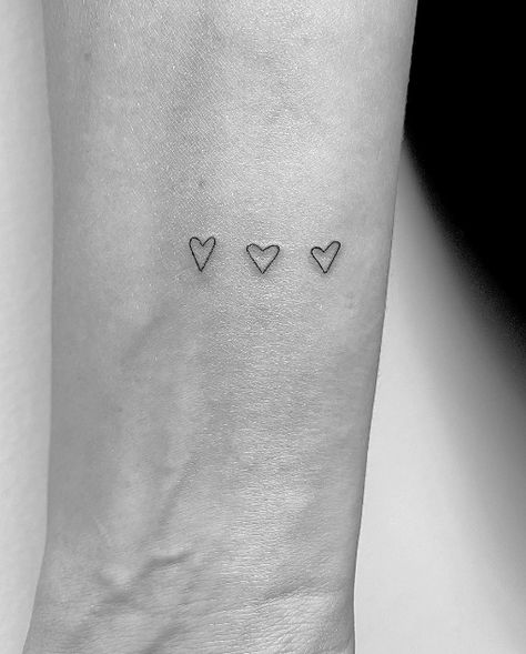 Hearts By Family Tattoo, Simplicity Tattoo Ideas, Two Love Heart Tattoo, 3 Love Hearts Tattoo, Hearts On Arm Tattoo, Three Tiny Heart Tattoo, Handwritten Heart Tattoo, Family Hearts Tattoo, Fine Line Family Tattoo