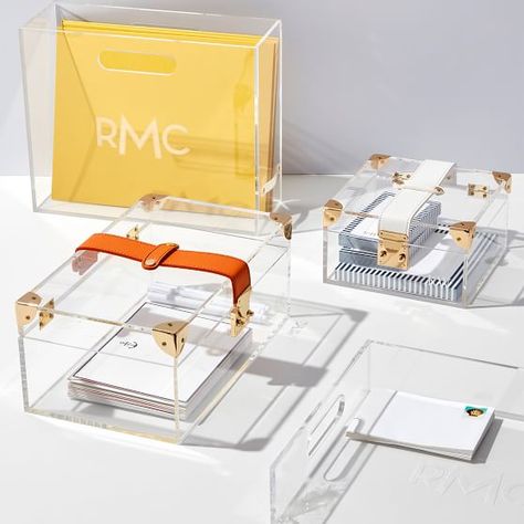 Acrylic and Gold Storage Box | Mark and Graham Acrylic Box Packaging, Personalized Desk Accessories, Acrylic Packaging, Gold Storage, Wood Packaging, Acrylic Bag, Packaging Ideas Business, Personalized Desk, Entertaining Gifts