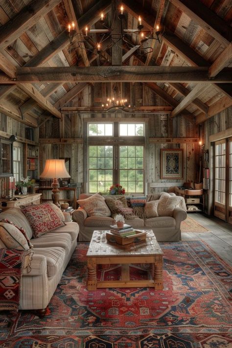 Restored Farmhouse Interior, Rustic Ranch Interior, Country Ranch Style Homes Interior, Wood And Beam Ceilings, Historic Houses Interior, All Wood Interior House, Wood Walls Interior, Rustic Living Room Ideas Farmhouse Style, Cathedral Ceiling Lighting