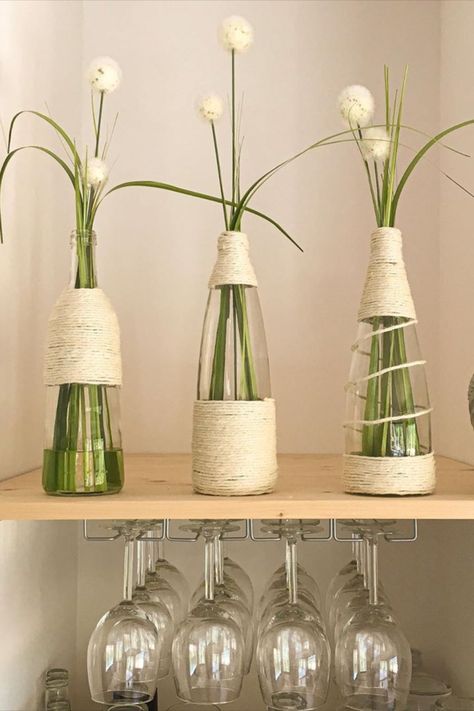 DIY Recycled Vase Bottles Wine Bottle As Vase, Recycle Glass Bottles, New Bedroom Ideas, Cozy Cubicle, Wine Bottle Vase, Blob Mirror, Beer Bottle Art, Perfect Laundry Room, Wine Bottle Vases