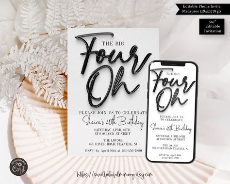 The Big Four Oh Birthday Digital 40th Birthday Invitation - Etsy Australia Birthday Wishes Creative, The Big Four Oh, 40th Birthday Party Themes, Birthday Minimalist, 40th Birthday Themes, 40th Bday Ideas, Fonts For Invitations, Birthday Invitation Card Template, 40th Birthday Party Decorations