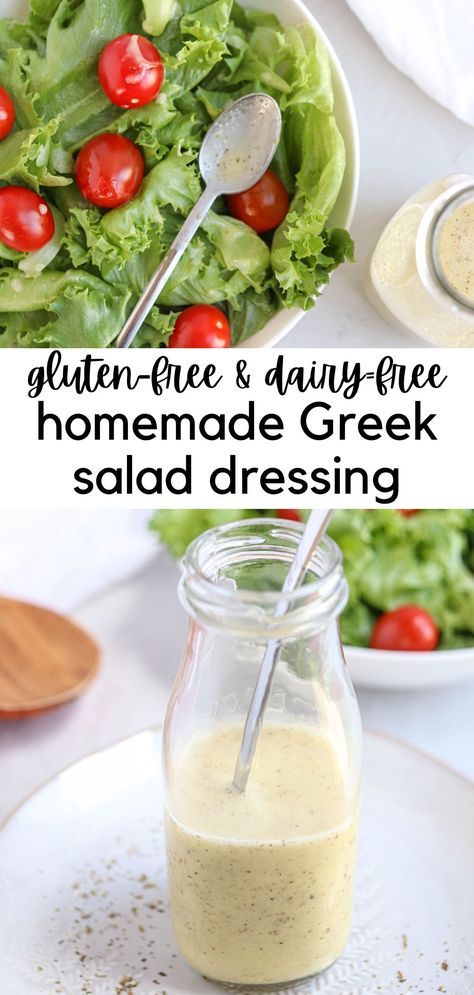 Greek salad dressing in a glass bottle and on a green salad with cherry tomatoes. Gluten And Dairy Free Salad Dressings, Dairy Free Greek Dressing, Greek Bowl Dressing, Greek Dressing Recipe Creamy, Dairy Free Salad Dressing Recipes, Creamy Greek Salad Dressing, Homemade Greek Salad Dressing, Homemade Greek Salad, Mediterranean Salad Dressing