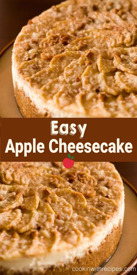 Easy Apple Cheesecake Recipe Apple Cake Cheesecake, Carmel Apple Cheesecake Easy Desserts, No Bake Apple Cheesecake Recipes, Apple Crumble Cheesecake Recipe, Carmel Apple Cheesecake Bar, Apple Cream Cheese Recipes, Apple Cheesecake Tacos, Apple Pecan Cheesecake, Easy Caramel Apple Cheesecake