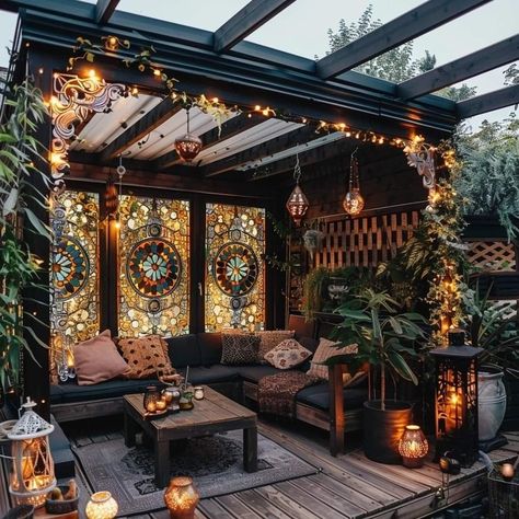 Bohemian Gazebo Ideas, Dark Academia Patio, Dark Patio Ideas, Cozy Gazebo Ideas, Goth Patio, Witchy Patio, Moody Patio, Moody Backyard, Witchy Backyard