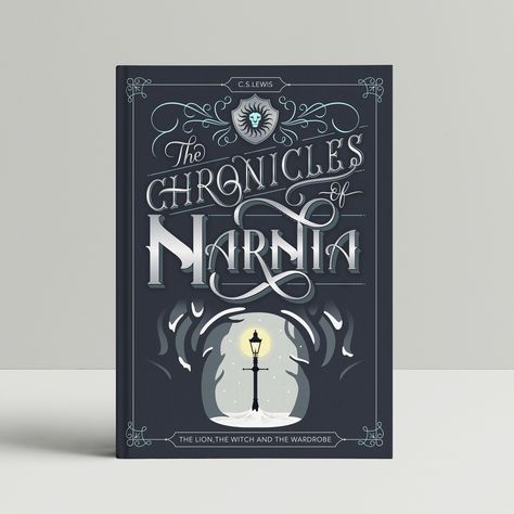 Beautifully illustrated book cover of the magical classic 'The Lion, The Witch and The Wardrobe' by C.S.Lewis. Illustrated  by letterer Laura Scribbles. #illustration #illustrator #narnia #lionthewithcthewardrobe #type #typography #letteringartist #letterer #bookcover #design #goodtype #typeinspiration The Lion The Witch And The Wardrobe Book Cover, Calligraphy Book Cover, Book Covers Typography, Lettering Book Cover, Narnia Invitation, Book Cover Typography Design, Narnia Book Cover, Creative Book Cover Design Ideas, Book Cover Illustration Design