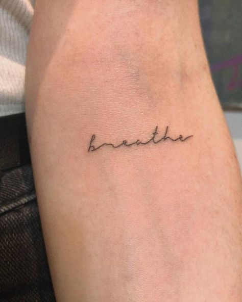 Small Writing Arm Tattoo, Inhale Exhale Tattoos For Women, Inhale Tattoo, Exhale Tattoo, Tattoos Spanish, Anexity Tattoo, Inhale Exhale Tattoo, Just Breathe Tattoo, Word English