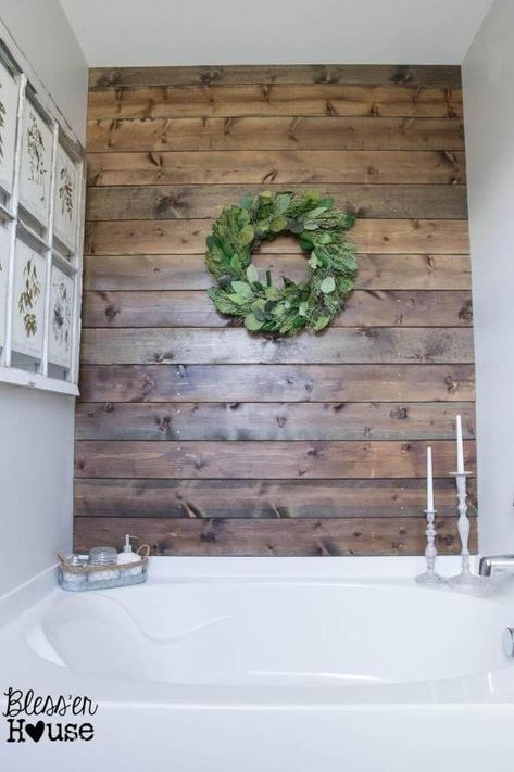 Farmhouse Bathroom Decor Ideas Rustic - Wood Bathroom Accent Wall - harmagazine.com Rustic Country Bathroom, Rustic Farmhouse Bathroom, Farmhouse Bathroom Design, Farmhouse Bathroom Decor Ideas, Bathroom Accent Wall, Bathroom Accents, Shelves Ideas, Bathroom Farmhouse Style, Wood Accent Wall