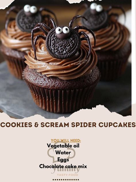 🕷️🧁 Create spooky fun with Cookies & Scream Spider Cupcakes! These festive treats are perfect for Halloween parties! Cookies & Scream Spider Cupcakes Ingredients: Chocolate cake mix (1 box) Eggs (3) Water (1 cup) Vegetable oil (1/2 cup) Chocolate frosting (1 container) Oreo cookies (1 package) Gummy worms (for decoration) Candy eyes (for decoration) Instructions: Preheat the oven to 350°F (175°C) and line a cupcake pan with liners. In a bowl, combine cake mix, eggs, water, and vegetable o... Combine Cake, Oreo Cupcake, Spider Cupcakes, Cozy Fall Recipes, Candy Eyes, Oreo Cupcakes, Gummy Worms, Festive Drinks, Cupcake Pan