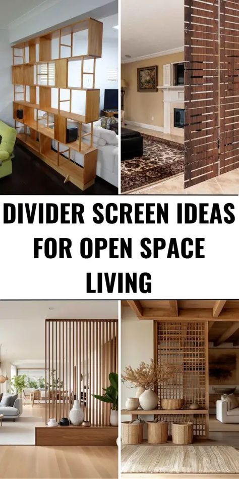 27 Divider Screen Ideas for Open Space Living - Stylish and Functional Partitions for Every Room - placeideal.com Partition Living And Dining Room, Large Room Divider Ideas, Kitchen Divider Ideas Half Walls, Fake Walls Room Dividers, Bedroom Partition Ideas, Divider Wall Ideas Open Spaces, Divider Screen Ideas, How To Divide A Room Ideas, Partition Between Living And Dining